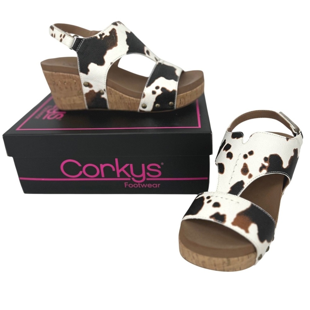 Corky's Maddie Wedge Sandals Womens 8.5 Cow Print Platform Cork Western Boho